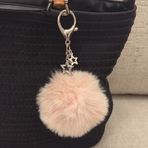 Silver Stars, Beige Pom Keychain